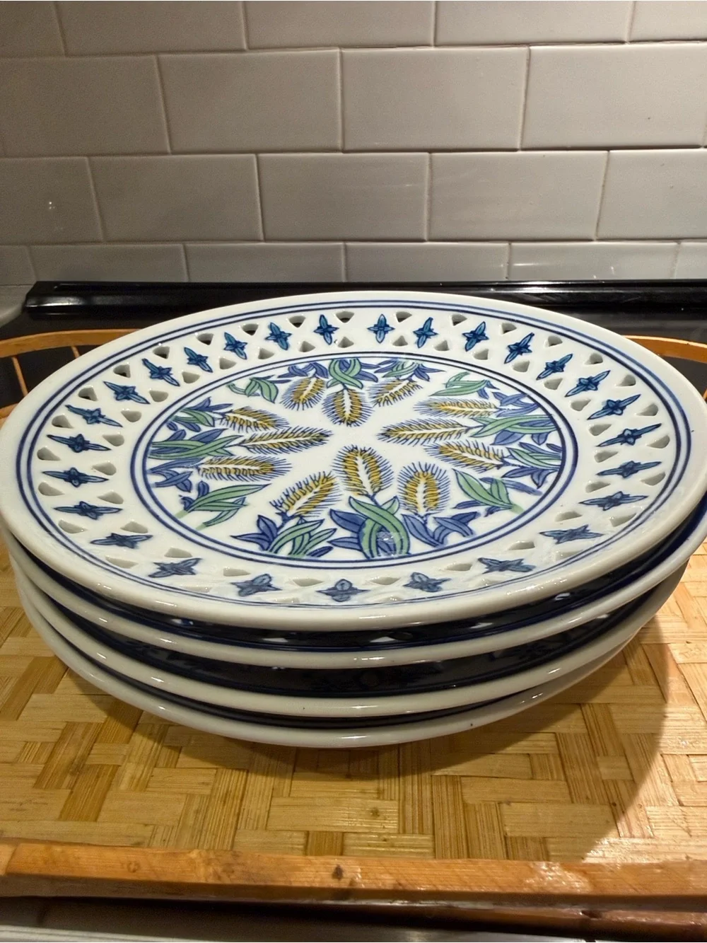 Set of 4 Decorative Floral Ceramic Plates - Blue, Yellow, Green